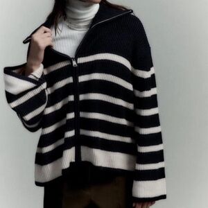 Zara Navy and White Striped Cardigan